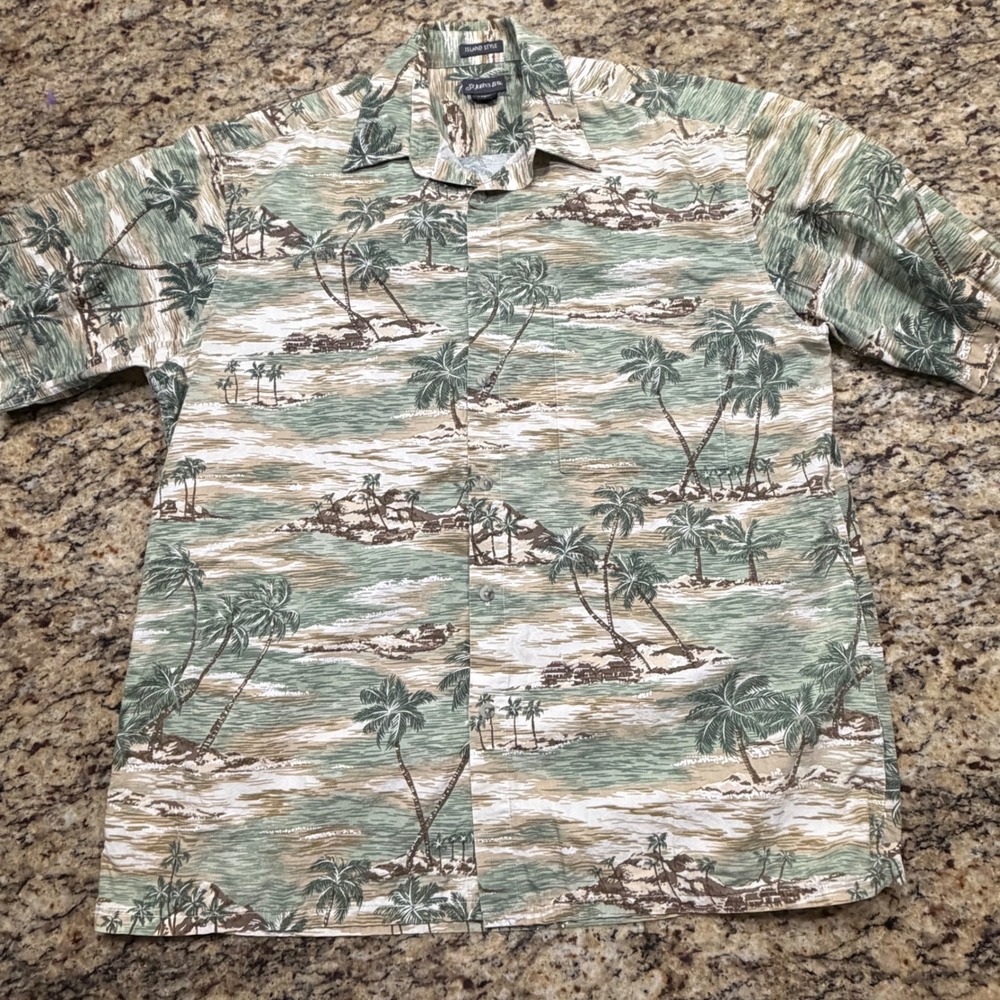 St Johns Bay Mens Large Island Style Palm Tree Tropical Cotton Button Down Shirt